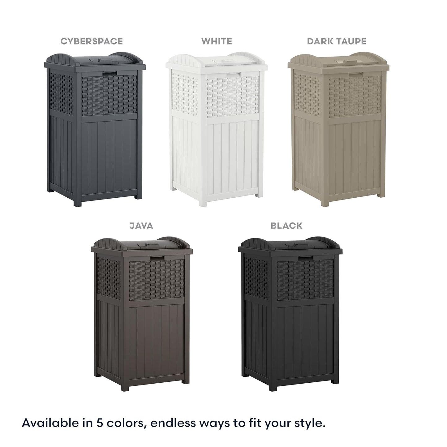 Suncast 33 Gallon Wicker-Style Trash Can - Weather-Resistant with Secure Latching Lid | Cyberspace Grey