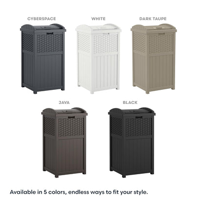 Suncast 33 Gallon Wicker-Style Trash Can - Weather-Resistant with Secure Latching Lid | Cyberspace Grey