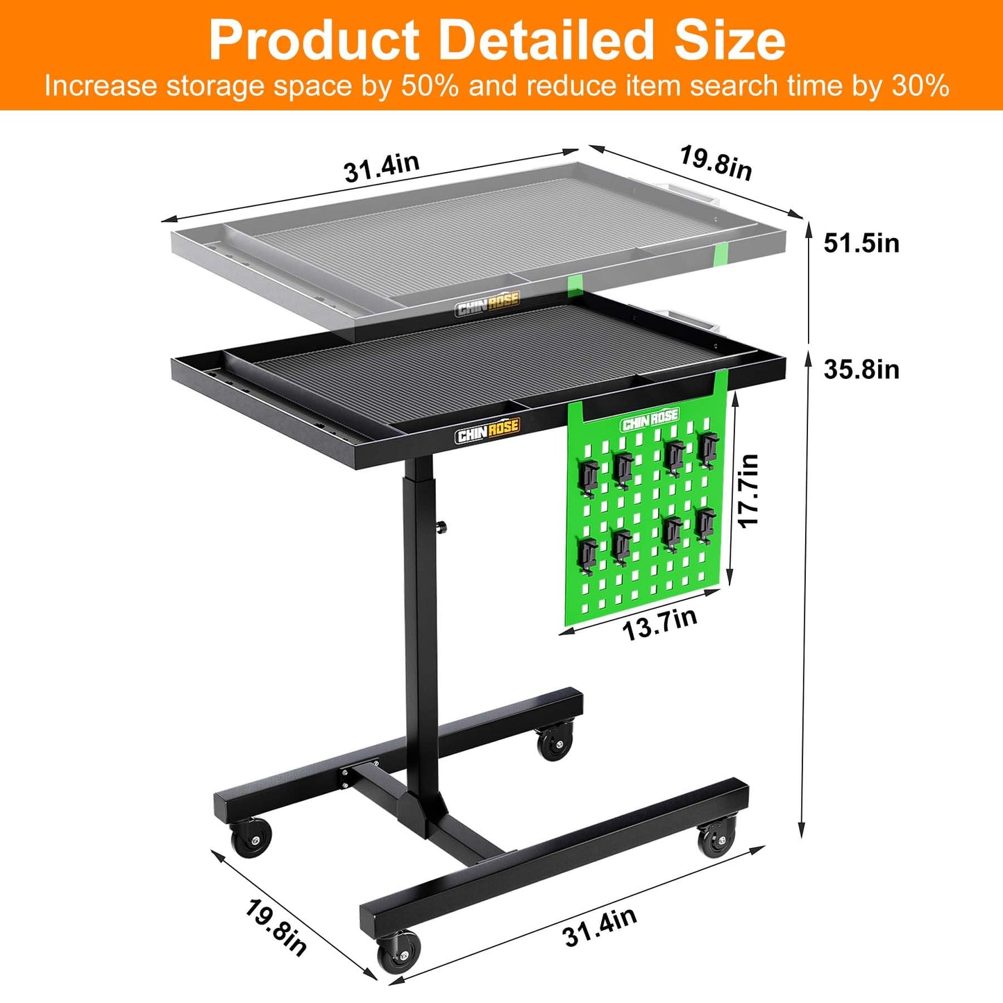Adjustable Height Mobile Work Table with Rolling Wheels, Rolling Tray Table for Mechanics, Garages, Repair Shops, Warehouse, Workshop, and DIY