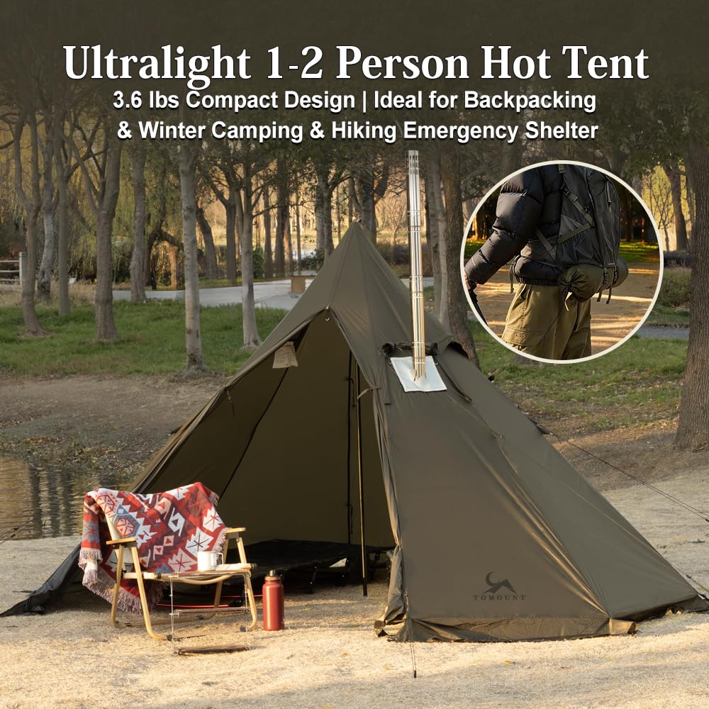 MC TOMOUNT 3.6lb Ultralight Hot Tent with Stove Jack, 4 Season 1-2 Person Tipi Backpacking Tent for Camping, 20D Ripstop Nylon, Windproof Waterproof Winter Teepee Tents for Hiking Survival Hunting