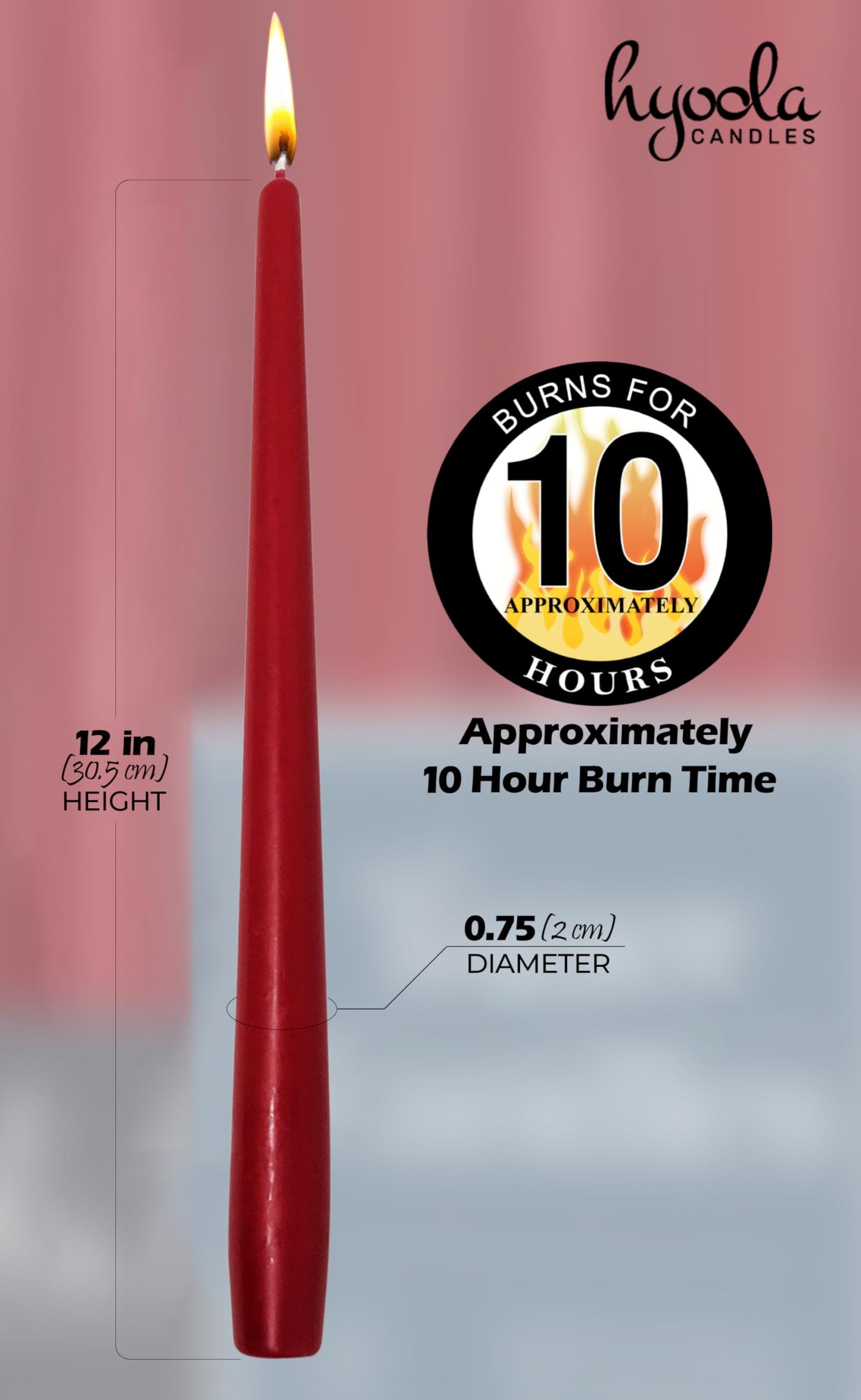 Hyoola Tall Taper Candles - 12 Inch Cherry Red Unscented Dripless Taper Candles - 10 Hour Burn Time - 12 Pack