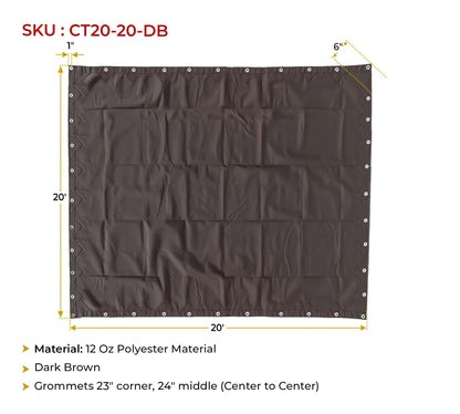 Mytee Products 20' x 20' Dark Brown 12oz Canvas Tarp with Grommets - Water Resistant - Heavy Duty Canvas Tarps - Multipurpose Tarpaulin Cover for Canopy Tent, Roof, Camping, Semi Trucks & Cargo