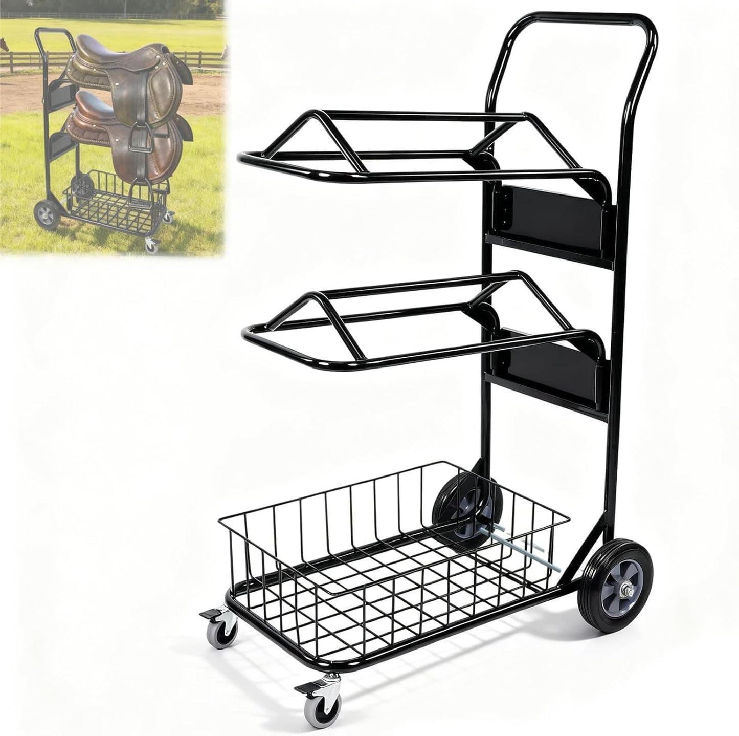Rolling Saddle Rack Cart with Basket, 220 Lbs, Horse Tack Dolly Saddle Stand for Western & English Saddles, Heavy Duty Saddle Stand for Tack Room, Bridle, Horse Lovers, Cowboy, 32.3*16.9*49.8 inch