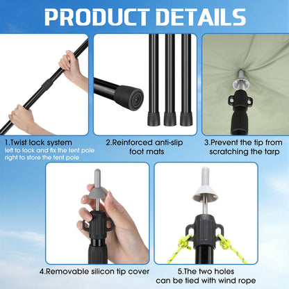 MorningRo 6 Pcs Adjustable Tarp Poles 8.2ft Telescoping Heavy Duty Aluminum Tent Poles Replacement Lightweight Portable Canopy for Tarp Outdoor Camping Hiking Backpacking Awning