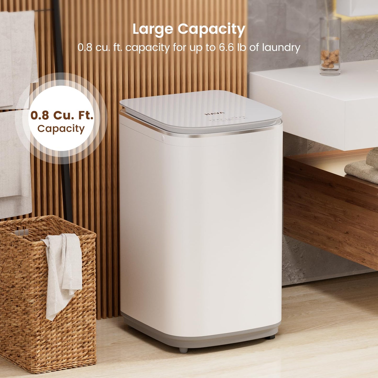 HAVA Portable Washing Machine, 0.8 Cu. Ft. Capacity Mini Washer & Spin Dryer, Fully Automatic with 8 Wash Programs, Hot Wash Options & Upward Drainage, Space Saving for Apartments, Dorms, and RVs