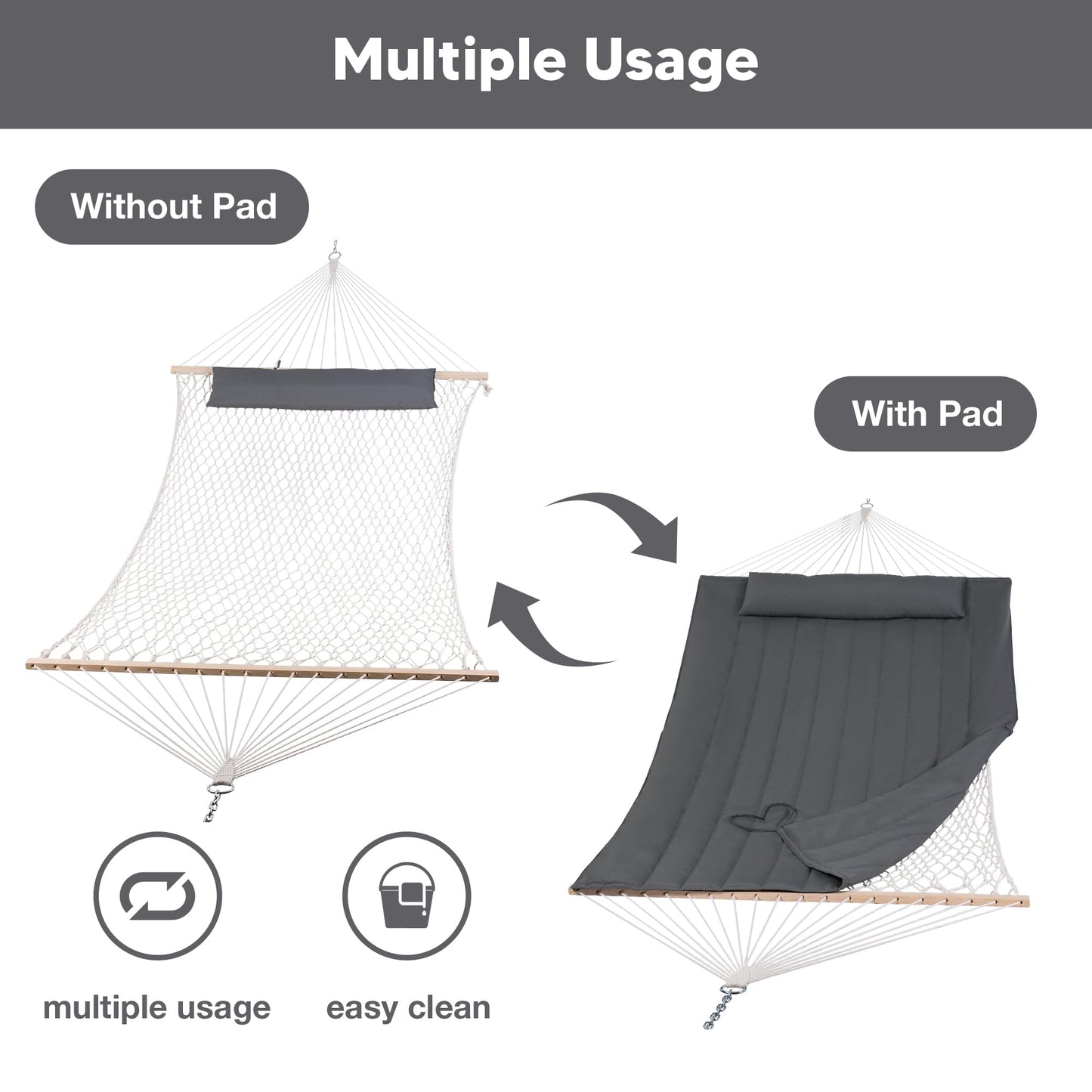 SUNCREAT Hammocks 2 Person Hammock with Hardwood Spreader Bar, Double Rope Hammock with Polyester Pad, Dark Gray