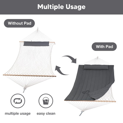 SUNCREAT Hammocks 2 Person Hammock with Hardwood Spreader Bar, Double Rope Hammock with Polyester Pad, Dark Gray