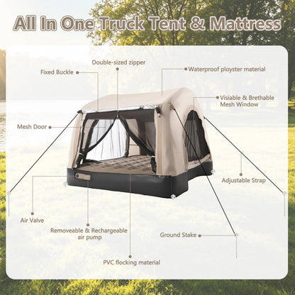Afurkuot Inflatable Truck Tent & Air Mattress with Built-in Pump and Inflatable Pillow, Waterproof PU2000mm Double Layer Air Mattress Pickup Trcuks Tent for Road Trip Camping Outdoor Travel
