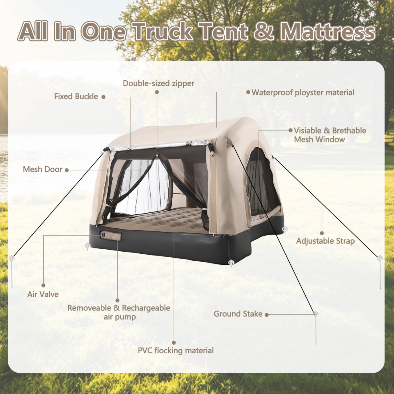 Afurkuot Inflatable Truck Tent & Air Mattress with Built-in Pump and Inflatable Pillow, Waterproof PU2000mm Double Layer Air Mattress Pickup Trcuks Tent for Road Trip Camping Outdoor Travel