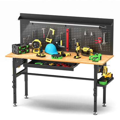 KEIKI 60 Inch Rolling Workbench with Wheels and Pegboard, Solid Wood Top Heavy Duty Steel Frame Garage Work Table with Drawers and LED Light, 2000 lbs Capacity, Adjustable Height, Black