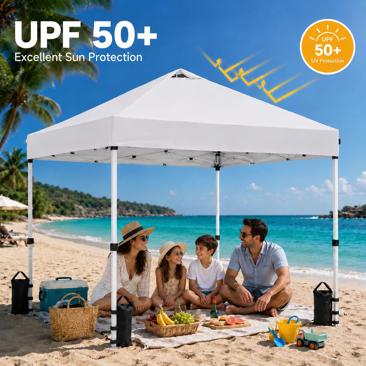 10x10 Pop Up Canopy Tent – One-Person Setup, Waterproof & UV-Blocking, Heavy-Duty Steel Frame, Wheeled Bag & Sandbags – Outdoor Shelter for Party, Camping, Beach, Outside Events (White)