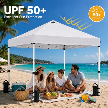 10x10 Pop Up Canopy Tent – One-Person Setup, Waterproof & UV-Blocking, Heavy-Duty Steel Frame, Wheeled Bag & Sandbags – Outdoor Shelter for Party, Camping, Beach, Outside Events (White)
