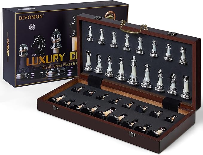 Deluxe Chess Set 16.5'' Wooden Large Folding Chess Board Game with Handle Weighted Acrylic Chess Pieces - 3.5 King with Storage Slots for Beginners Professional Players