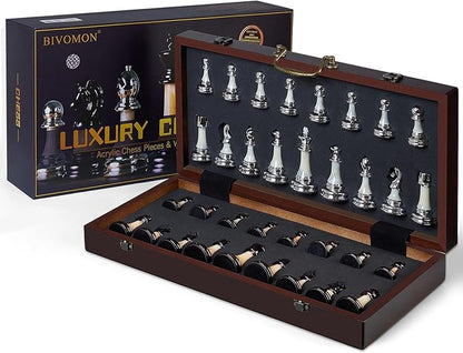 Deluxe Chess Set 16.5'' Wooden Large Folding Chess Board Game with Handle Weighted Acrylic Chess Pieces - 3.5 King with Storage Slots for Beginners Professional Players