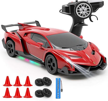 QUN XING Remote Control Car 1:24 Officially Licensed Lambo veneno RC Drift Car with LED Lights 2.4GHz 4WD 15KM/H Fast Speed Control Rechargeable Battery 800mah Birthday for Kids Boys 8-12red