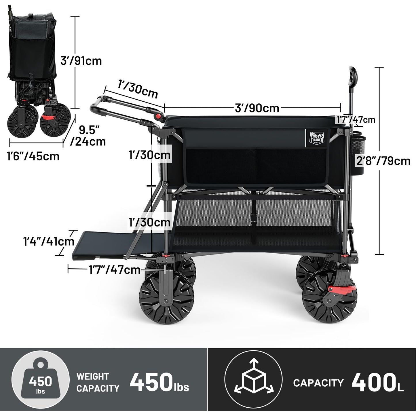 TIMBER RIDGE Push & Pull Double Decker Wagon, 400L Large Capacity Heavy Duty & 450lb Load, Collapsible Cart with All-Terrain Wheels & Brakes, 54” Extended Foldable for Sports, Beach, Camping, Black