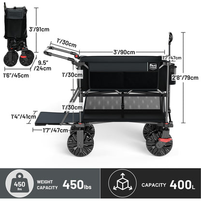 TIMBER RIDGE Push & Pull Double Decker Wagon, 400L Large Capacity Heavy Duty & 450lb Load, Collapsible Cart with All-Terrain Wheels & Brakes, 54” Extended Foldable for Sports, Beach, Camping, Black