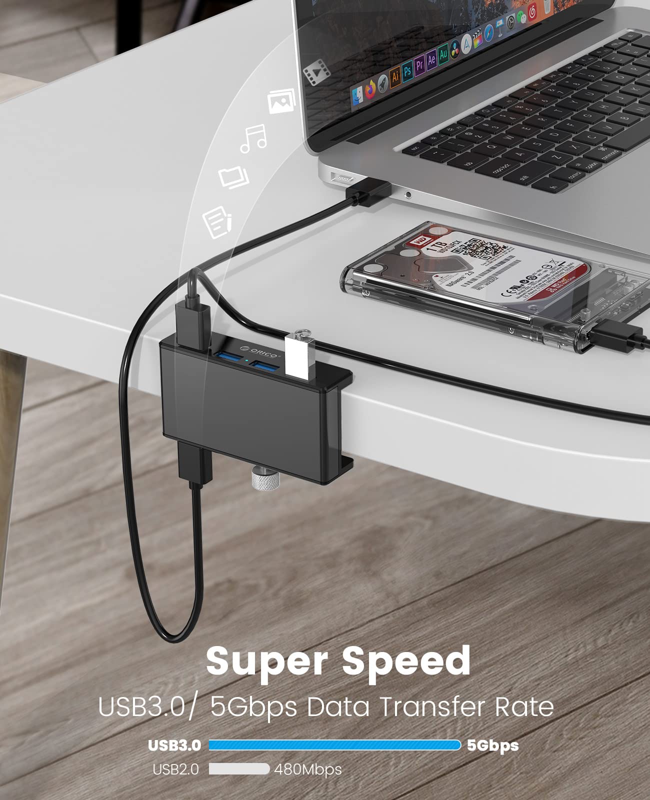 ORICO USB 3.0 Hub, USB Hub Clamp, Aluminum 4-Port USB Splitter with Extra Power Supply Port and 4.92 FT USB Data Cable, Desktop Powered USB Hub for Monitors/Desks-Black (Without Power Adapter)