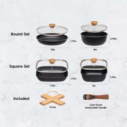 IRIS USA Non Stick Cast Aluminum Fry Pans with Removable Handles and Collapsible Wood Trivet - 6 Piece Kitchen Cookware Sets, Square