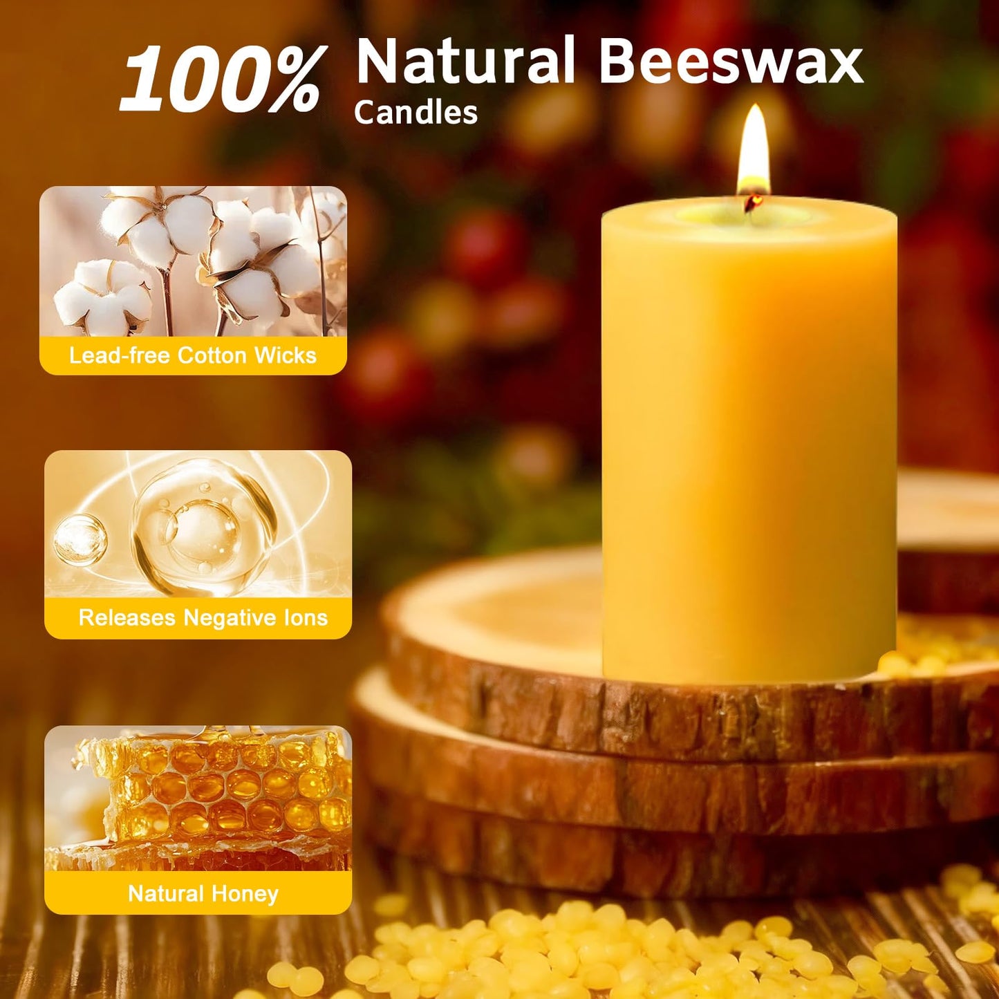 3 Pack Natural Beeswax Pillar Candles,Long Burning Unscented Pure Beeswax Candles Set,Smokeless Dripless Organic Pillar Candles Bulk for Home Decor,Prayer,Emergency,2x2in,2x3in,2x4in