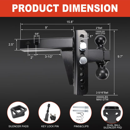Adjustable Trailer Hitch Fits 2.5 Inch Receiver 6 Inch Drop/Rise, 2 & 2-5/16 Ball Hitches for Trucks, 22000 LBS GTW, Drop Hitch Tow Hitch Trailer Hitches with Anti-Theft Pin Solid Ball Mount