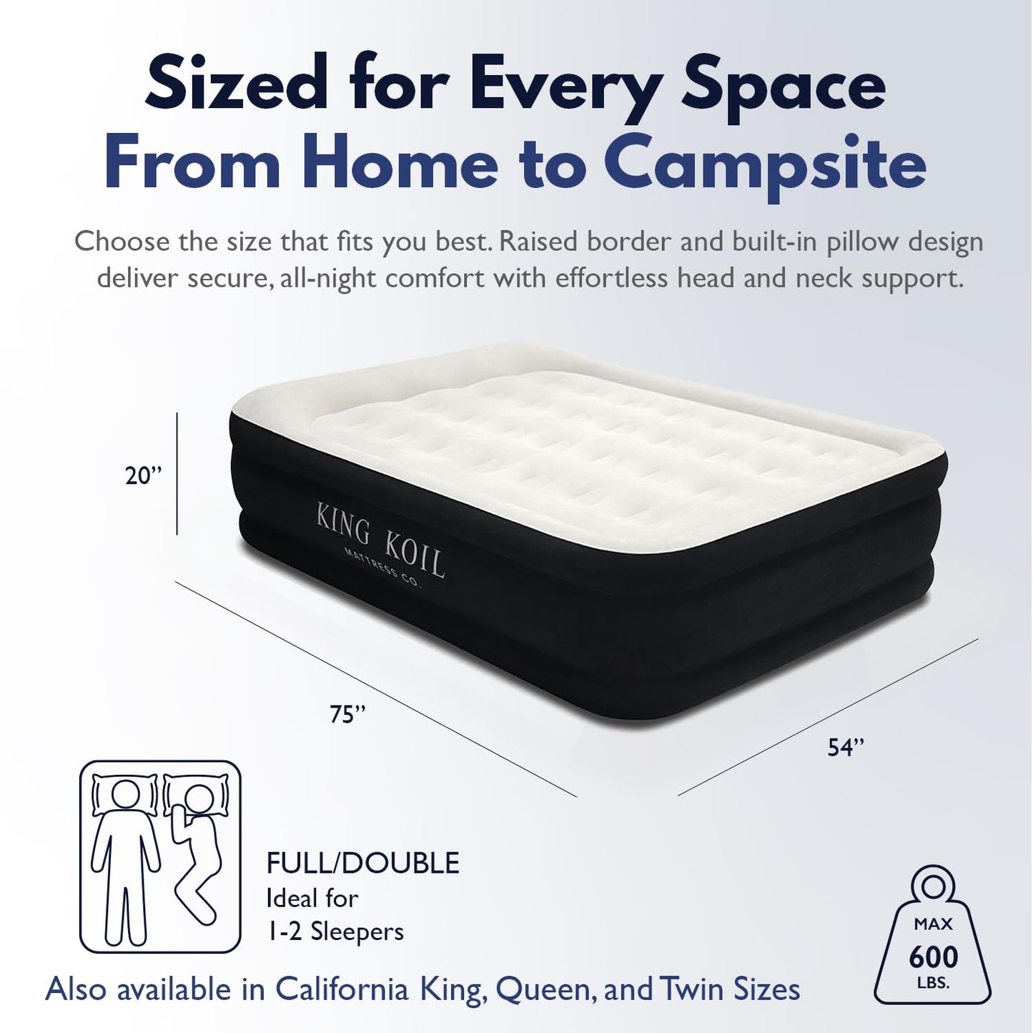 King Koil Luxury Full Size Plush Pillow Top Air Mattress with Built-in High-Speed Pump for Home, Camping & Guests 20" Inflatable Double High Blow Up Airbed, Durable, Waterproof