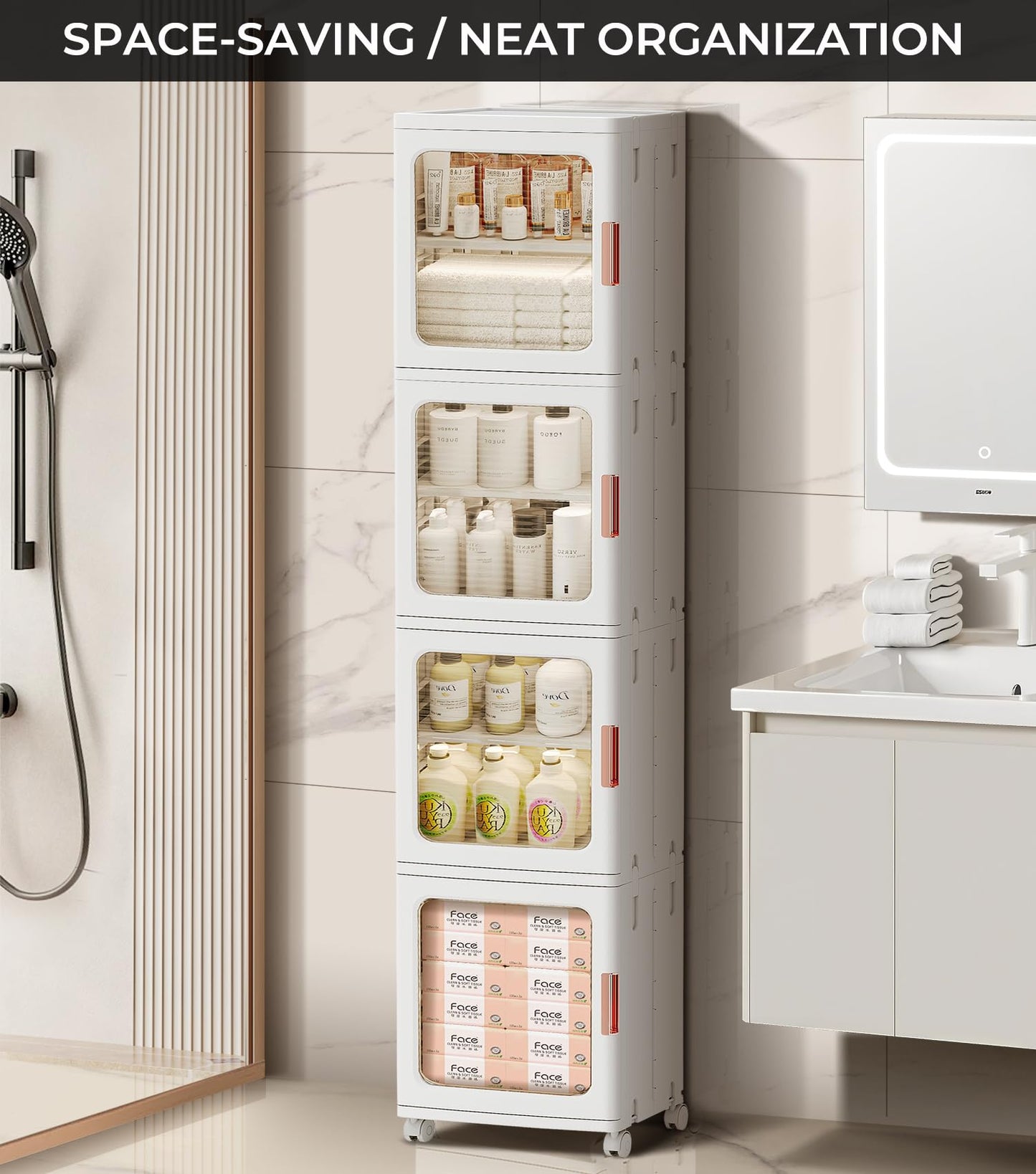 BUMODEL 4-Tier White Slim Storage Cabinet and 4-Tier Beige Slim Storage Cabinet with Doors and Adjustable Shelves