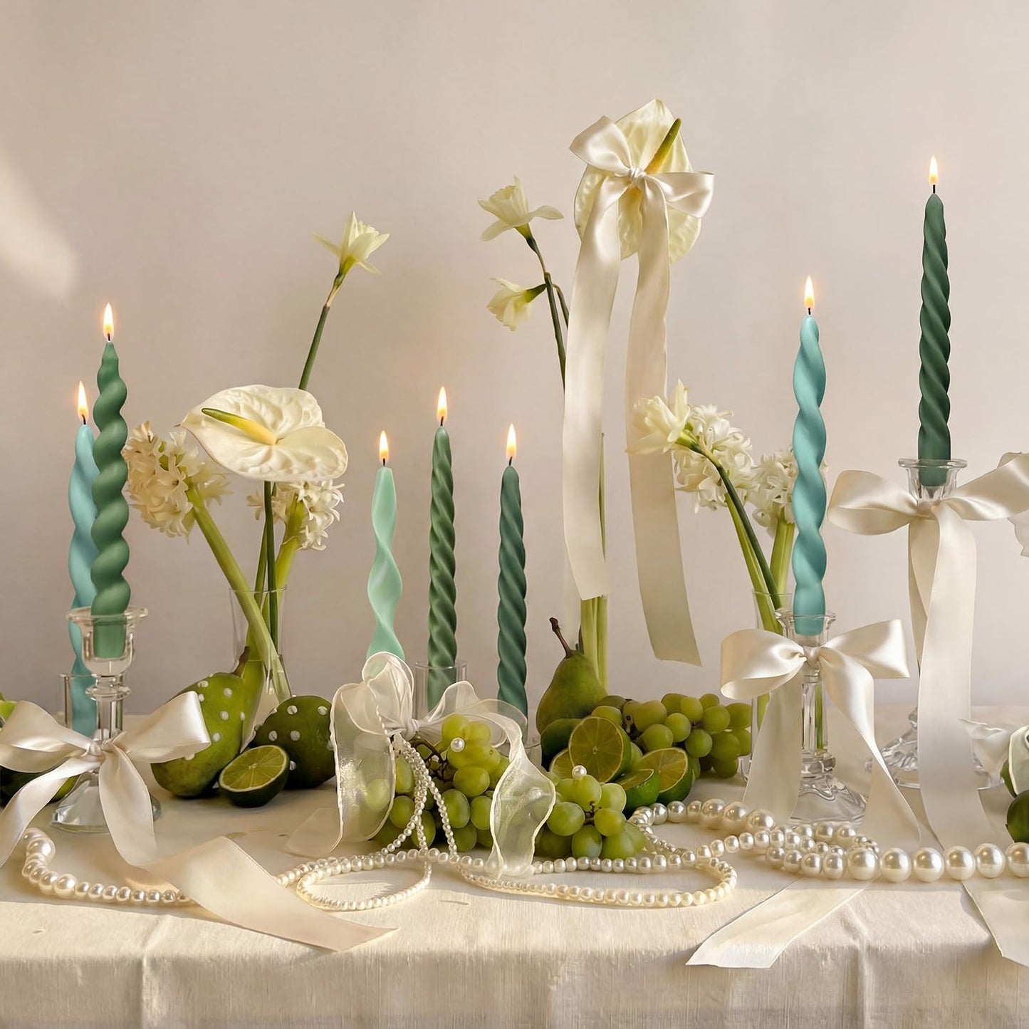Nuanchu 12 Pcs Sage Green Spiral Taper Candles Teal Twisted Wax Candlesticks 7.5 Inch Short Green Spiral Wax Scented Taper Candles for Wedding Bridal Shower Birthday Party Dinner Table Centerpiece