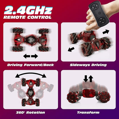 Tecnock Remote Control Car for Boys Girls 2.4GHz 4WD Gesture Sensing RC Stunt Car Toys - 360° Rotating Double Sided Hand Controlled RC Cars with LED Lights Gifts for Kids Ages 6-8 8-12