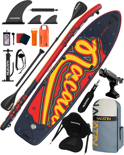 NACATIN 12' Extra Large Inflatable Stand Up Paddle Board with Seat, Wide 36" SUP Board for Adults & Family, with Single/Double Paddle, Kayak Seat, Pump, Stable Wide Deck for Beginners, Lake and River