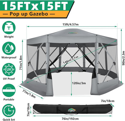 COBIZI Pop Up Gazebo Screen Tent Screen House for Camping, 15x15 Screen Room with Mosquito Netting, Hub Tent Instant Screened Canopy with Carrying Bag and Ground Stakes, Gray
