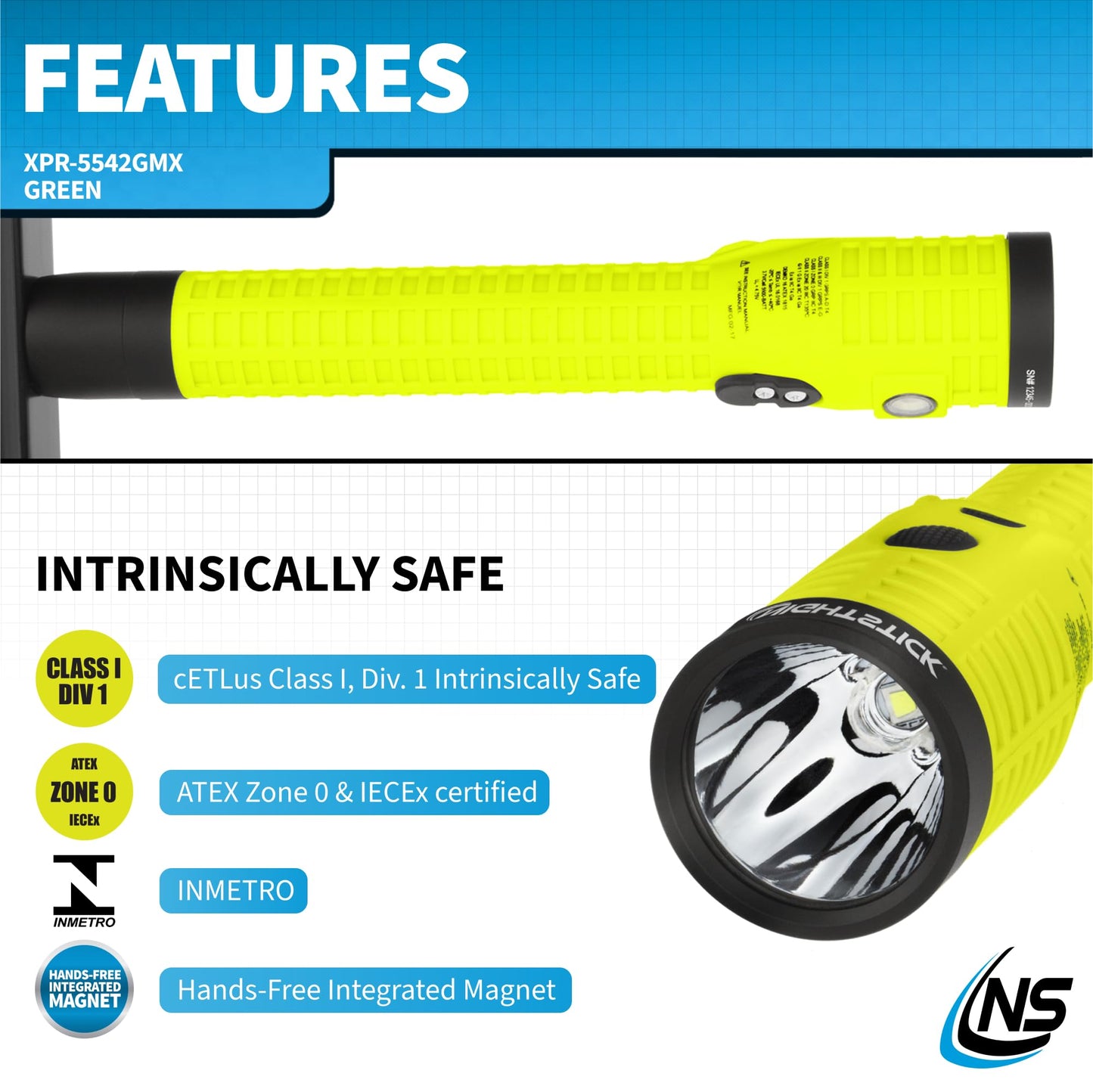 Nightstick XPR-5542GMX Intrinsically Safe Rechargeable Dual-Light Flashlight with Magnet, Green/Black
