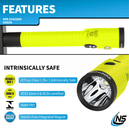 Nightstick XPR-5542GMX Intrinsically Safe Rechargeable Dual-Light Flashlight with Magnet, Green/Black