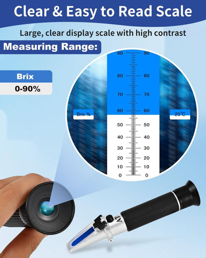 Brix Refractometer 0-90%, Brix Meter Refractometer with ATC, Accurate Refractometer Sugar Maple Syrup, Refractometer Brix for Measuring Sugar Content in Fruit, Honey, Maple Syrup & Other Sugary Drink