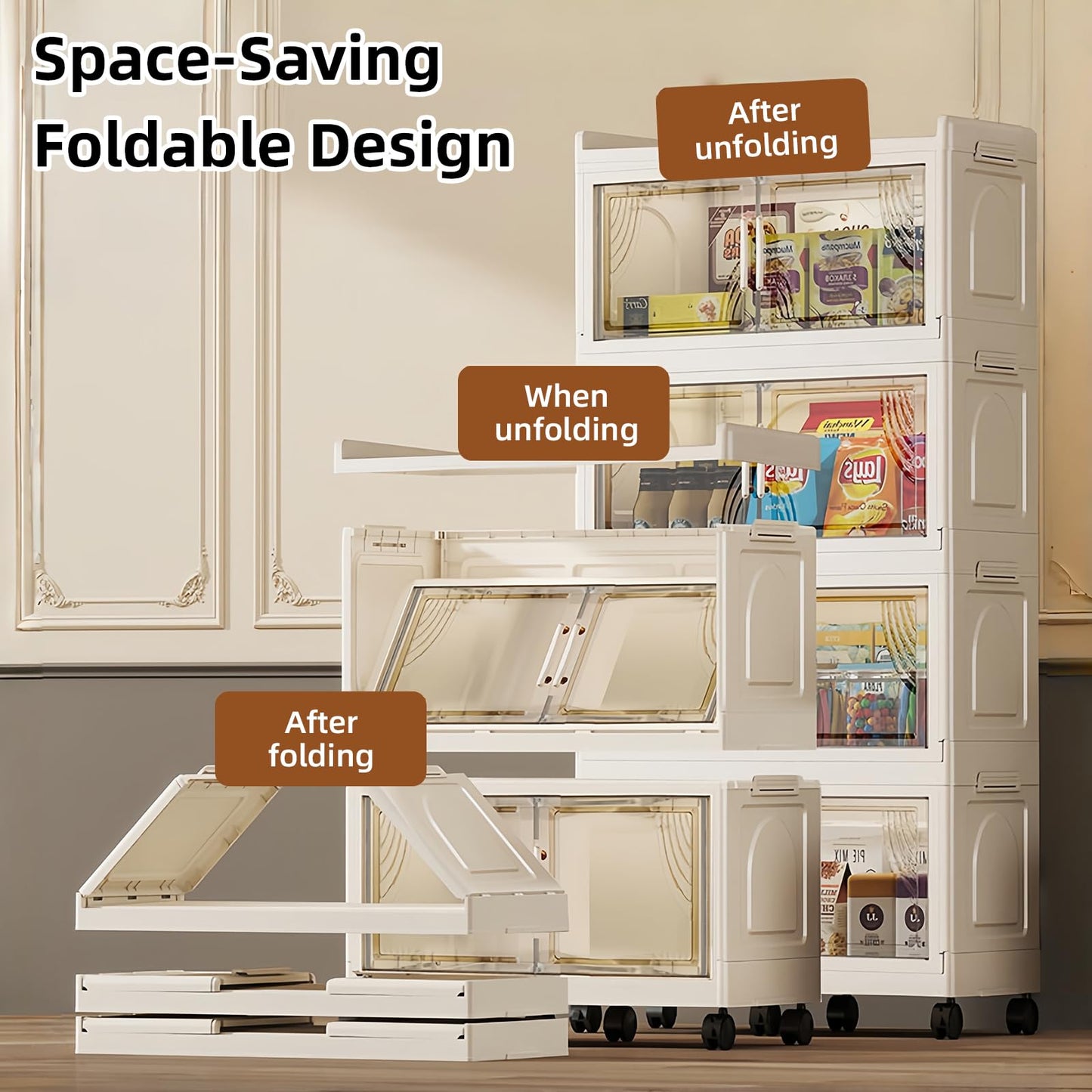 FoldTrend 5 Tier Foldable Storage Cabinet with Lids, 313QT Large Premium PP Storage Organizer with Magnetic Doors and Wheels, Heavy Duty White Storage Bins for Home, Office, Kitchen, Dorm