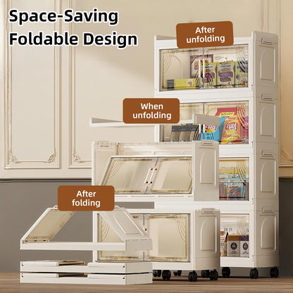 FoldTrend 5 Tier Foldable Storage Cabinet with Lids, 313QT Large Premium PP Storage Organizer with Magnetic Doors and Wheels, Heavy Duty White Storage Bins for Home, Office, Kitchen, Dorm