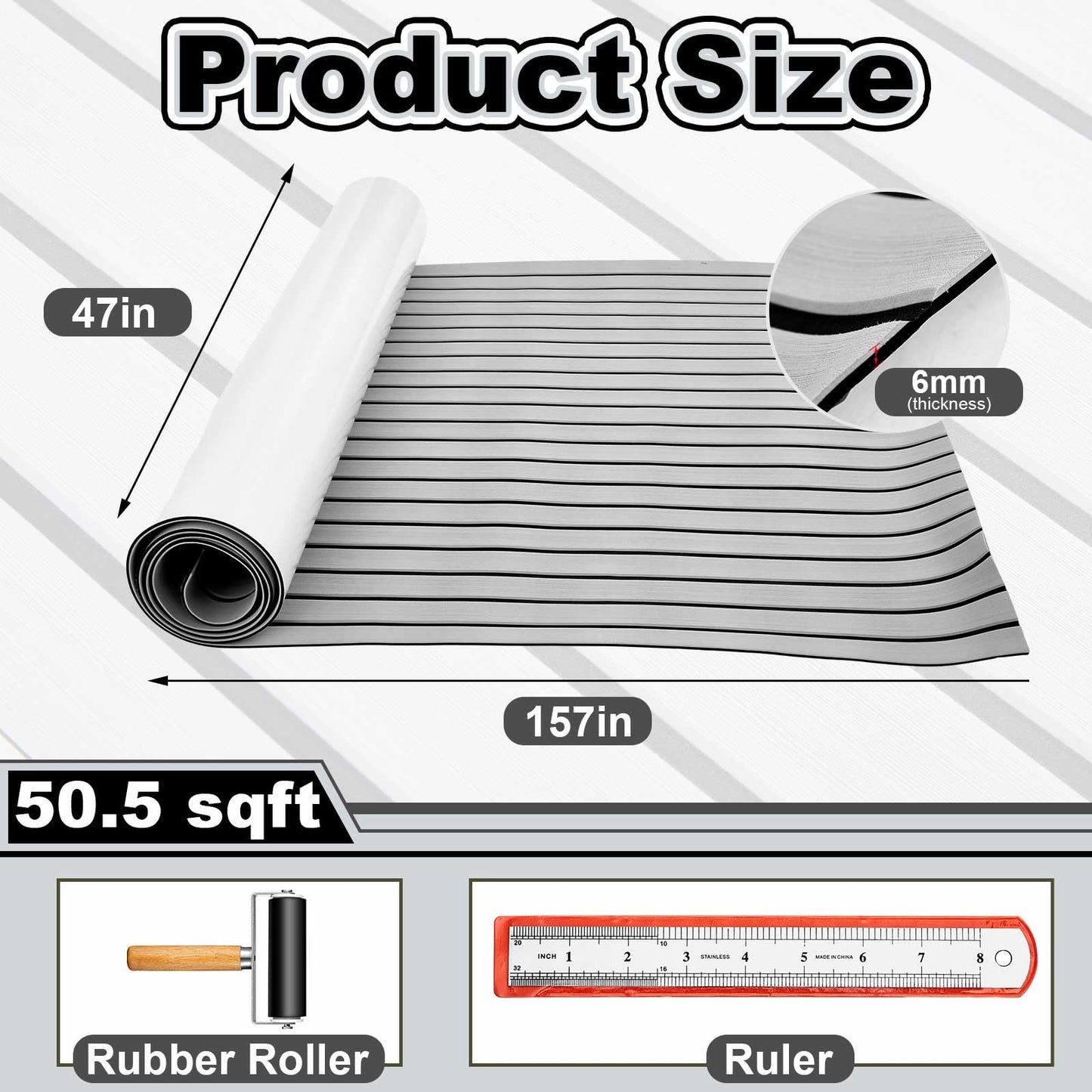 Duraaamo Boat Flooring EVA Foam 157"/ 118" x 47" Boat Decking Non Slip Marine Self Adhesive Carpet with Roller Ruler for Kayak Yacht Motorboat(Grey,157.5'' X 47.2'',Stripes)
