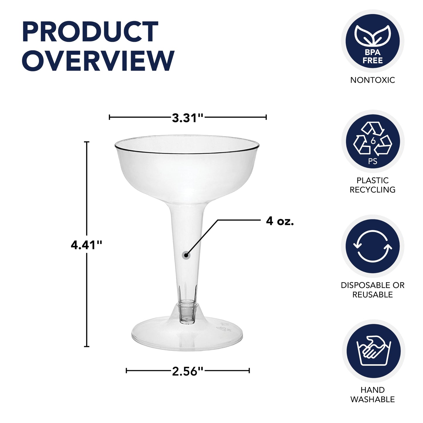 Party Essentials Disposable Hard Plastic Two Piece 4 oz. Toasting Cocktail Cups, 50-Count, Clear Champagne Glasses