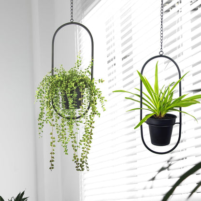 HemePaha Modern Metal Hanging Planters with 5 Inch Pots - Set of 2 Oval Geometric Plant Hangers - Black Wall and Ceiling Mount Flower Holders for Indoor and Covered Outdoor Houseplants