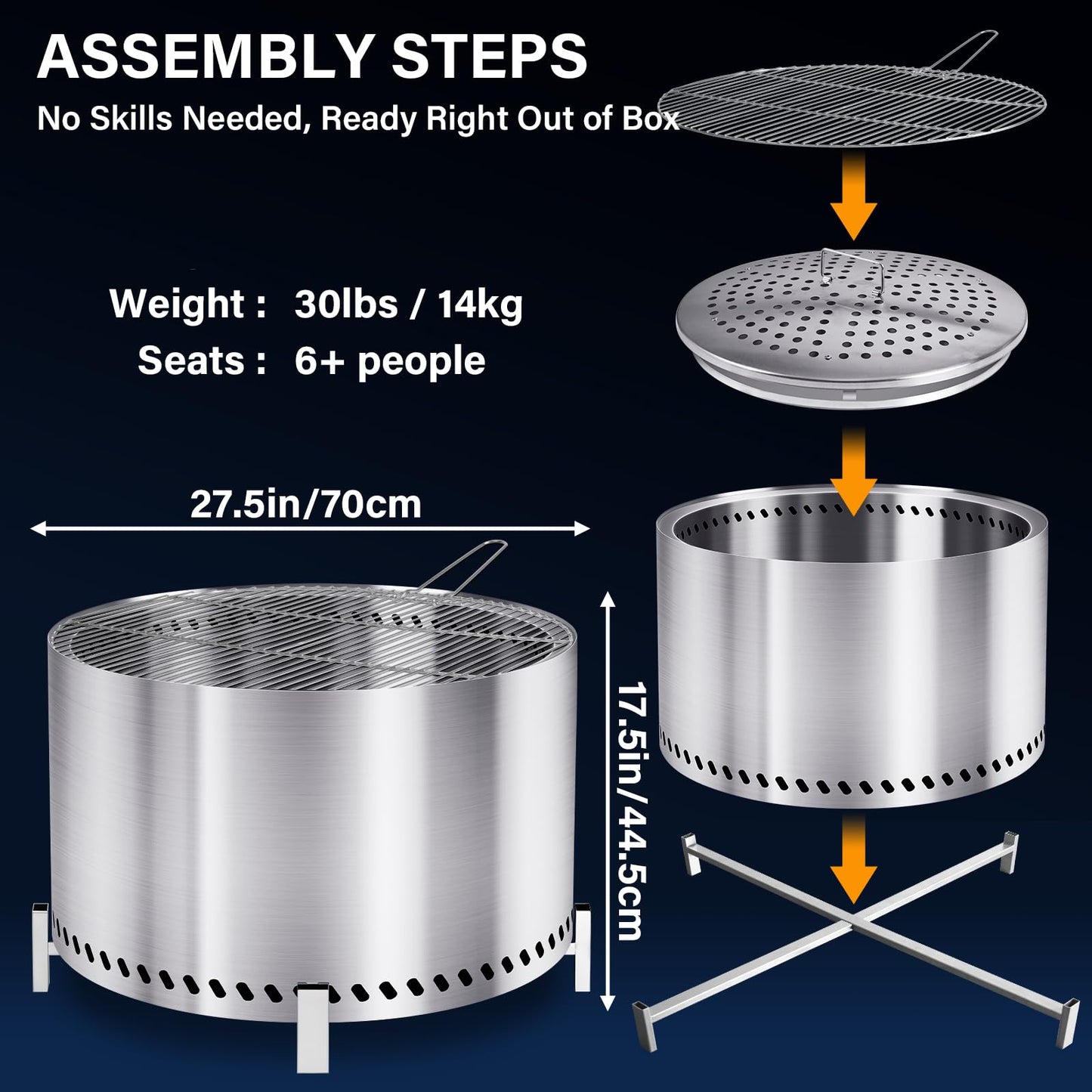 HGD 28" Smokeless Firepit with Stand & Grill Rack, Large Stainless Steel Wood Burning Fire Pit for Friends & Family Gatherings, Secondary Combustion Outdoor Patio Stove for BBQ & Bonfire