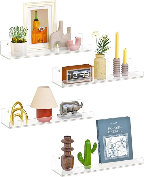 Dooiclear 4 Pack Acrylic Floating Wall Shelves - 15" Clear Book Display Organizers for Home & Office Decor