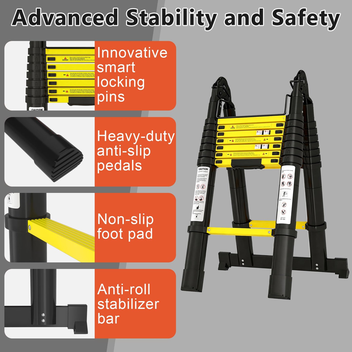 Telescoping Ladder A Frame 16.5Ft Aluminum with Stabilizer Bar, 330 LBS Capacity, Collapsible Extension Ladder for House, Roof, RV & Travel Trailer(Black+Yellow)