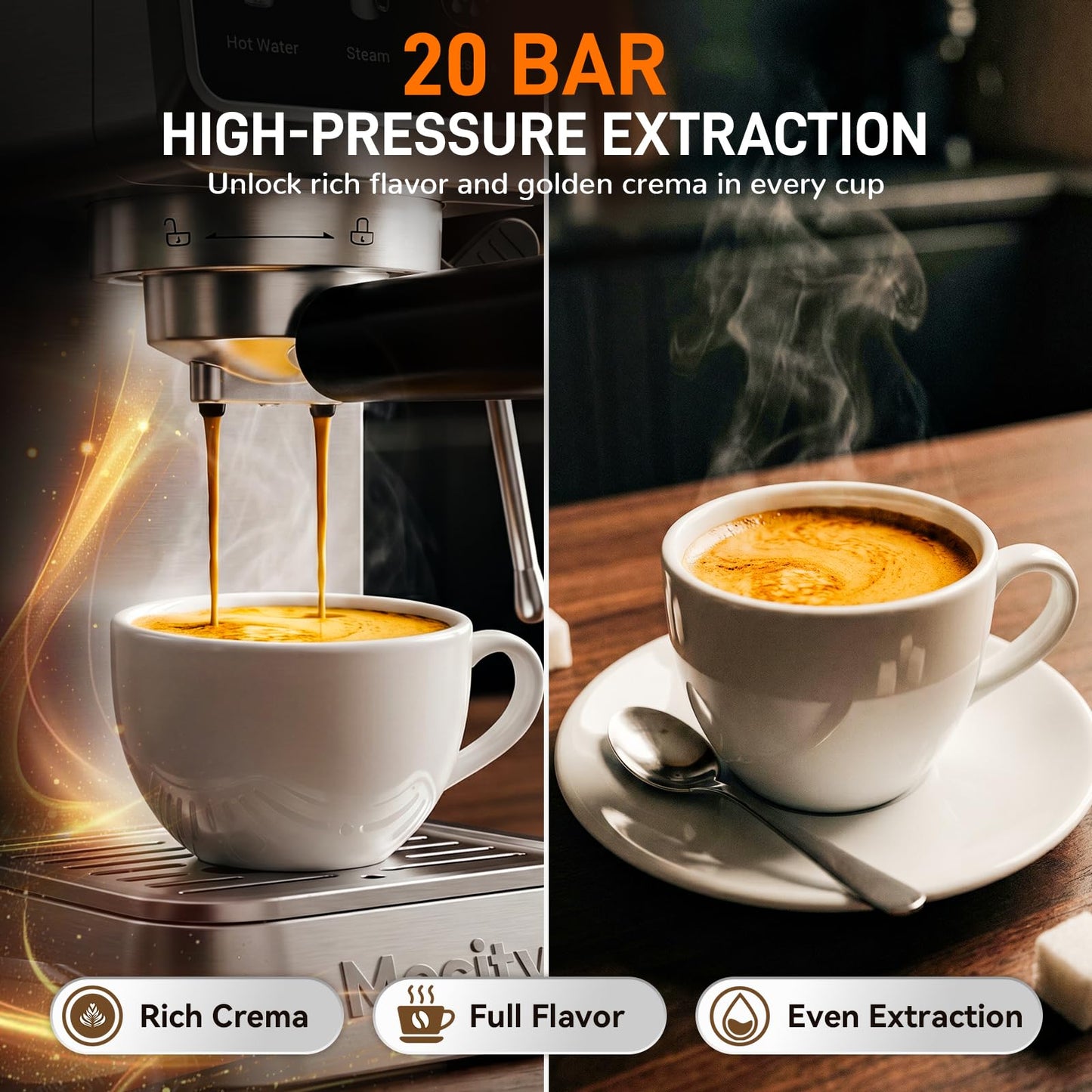 Mecity 20 Bar Espresso Machine with Milk Frother, Touchscreen Coffee Maker for Espresso, Americano & Over Ice Coffee, Compact Stainless Steel Latte & Cappuccino Maker