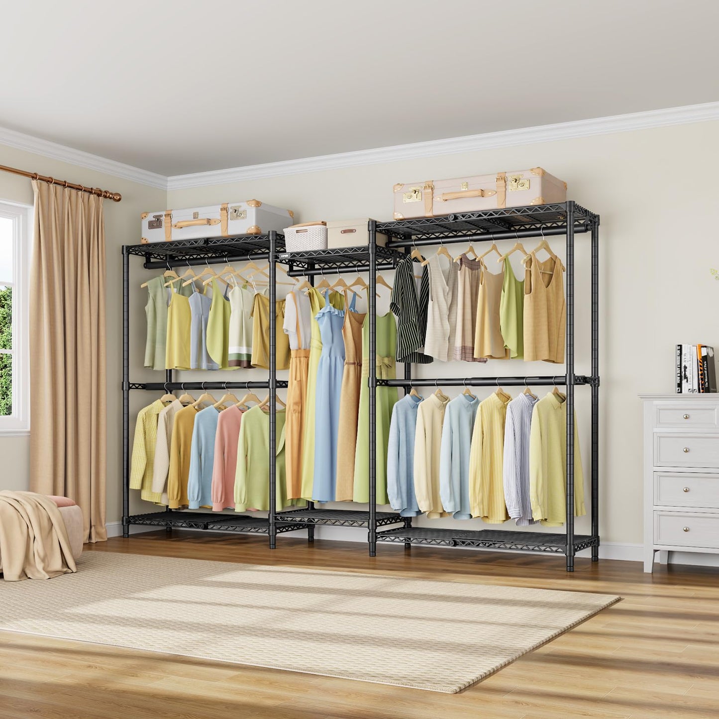 VIPEK X3 Basic Expandable Closet System, Heavy Duty Freestanding Open Wardrobe with Long Hanging Area, 5 Hanging Rods & 6 Adjustable Shelves, Fits 5.10 to 8.8 FT, Black