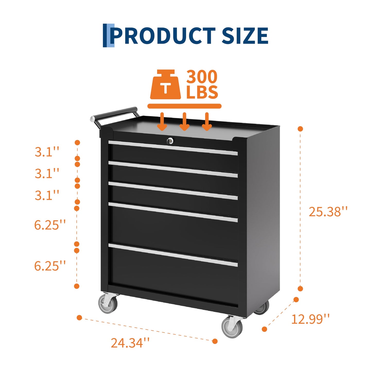Rolling Tool Chest with Wheels, 5 Drawer Tool Storage Cabinet, Portable Toolbox Organizer with Lock, Heavy Duty Tool Chest Cart for Garage, Mechanic, Workshop, Shop, Mobile Tool Organizer, Black