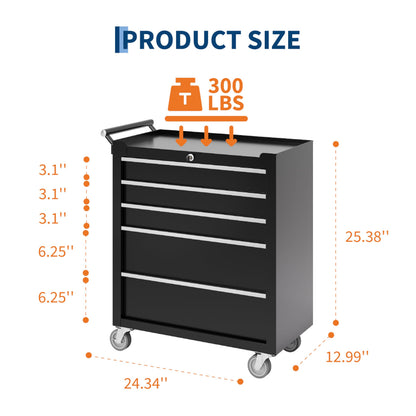 Rolling Tool Chest with Wheels, 5 Drawer Tool Storage Cabinet, Portable Toolbox Organizer with Lock, Heavy Duty Tool Chest Cart for Garage, Mechanic, Workshop, Shop, Mobile Tool Organizer, Black