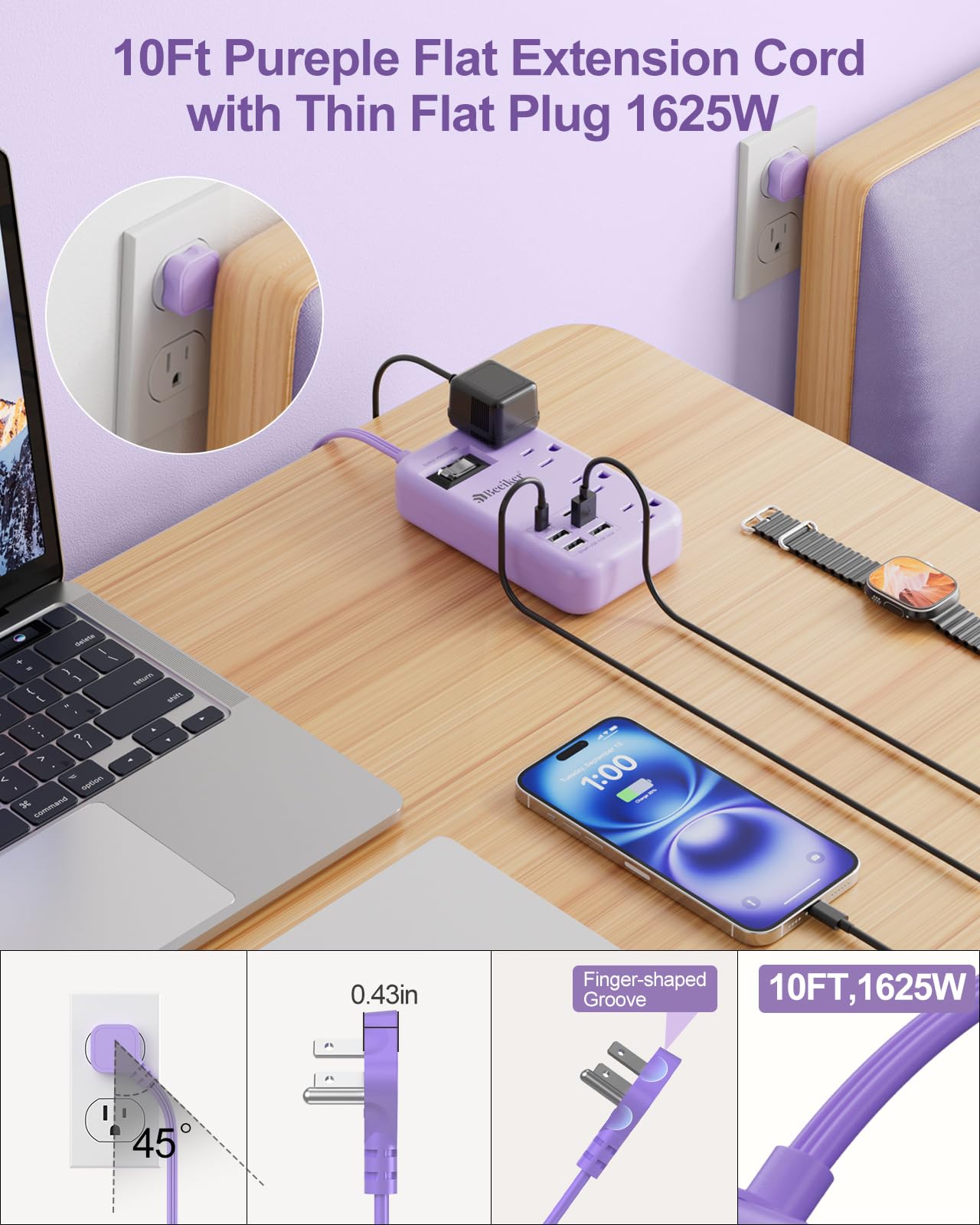 6 USB(2 USB C) Purple Travel Power Strip- 5Ft Lavender Extension Cord with 24W USB Charging Station and 4 Outlets, Purple Desk Accessories with Surge Protector for Cute Kawaii Office Dorm Room
