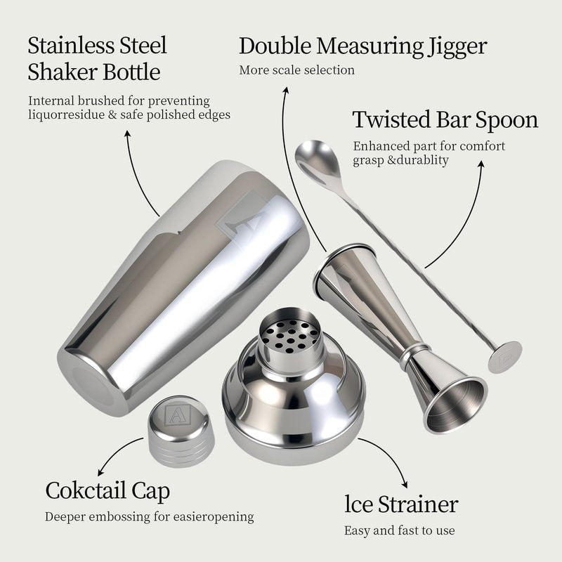 Thecosky 24oz Cocktail Shaker Set with Minimun 1/8oz Scale 1 oz 2oz Jigger - Monogramm Initials Martini Shaker Set - 304 Stainless Steel Bar Shaker - Personalized Gift for Friend,Husband-Blank