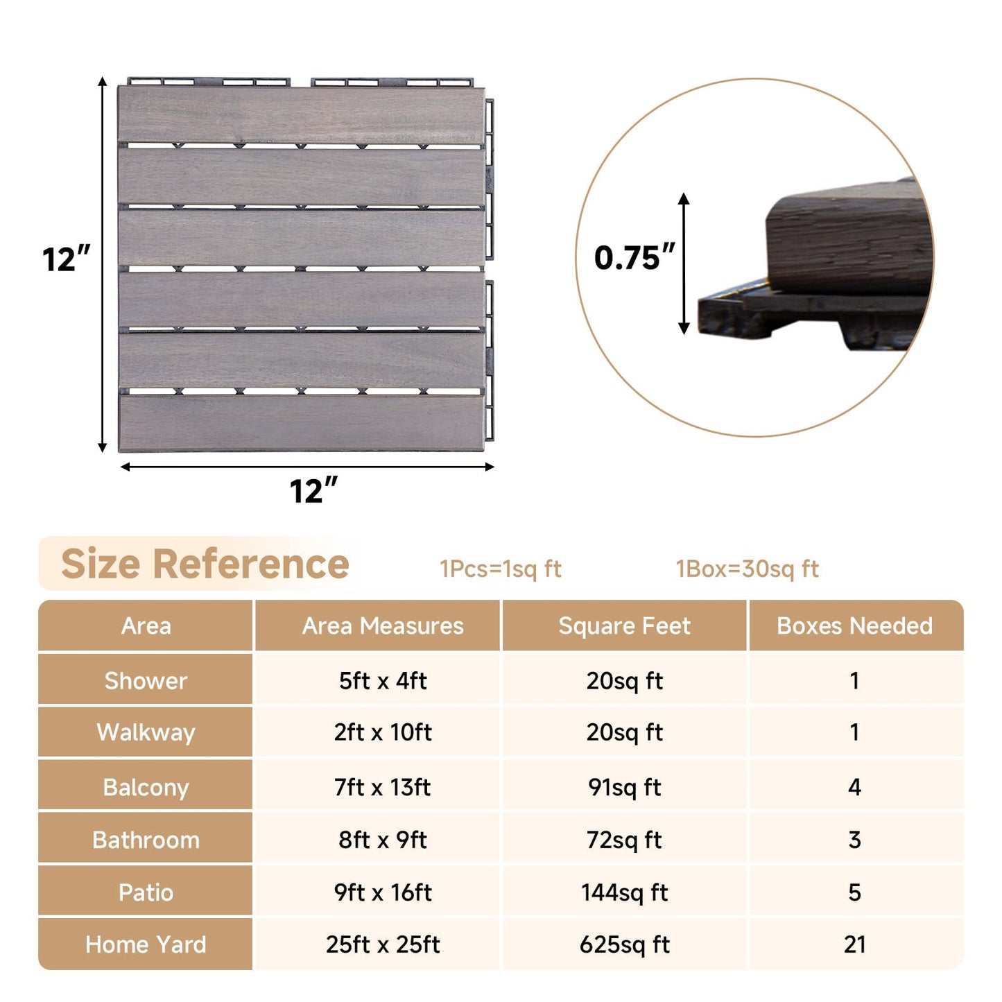 Rovibek Acacia Wood Interlocking Deck Tiles, 30PCS 12"x12" Outdoor Waterproof Decking Tiles, All Weather Use for Balcony Patio Backyard Poolside, Indoor & Outdoor, Striped Gray