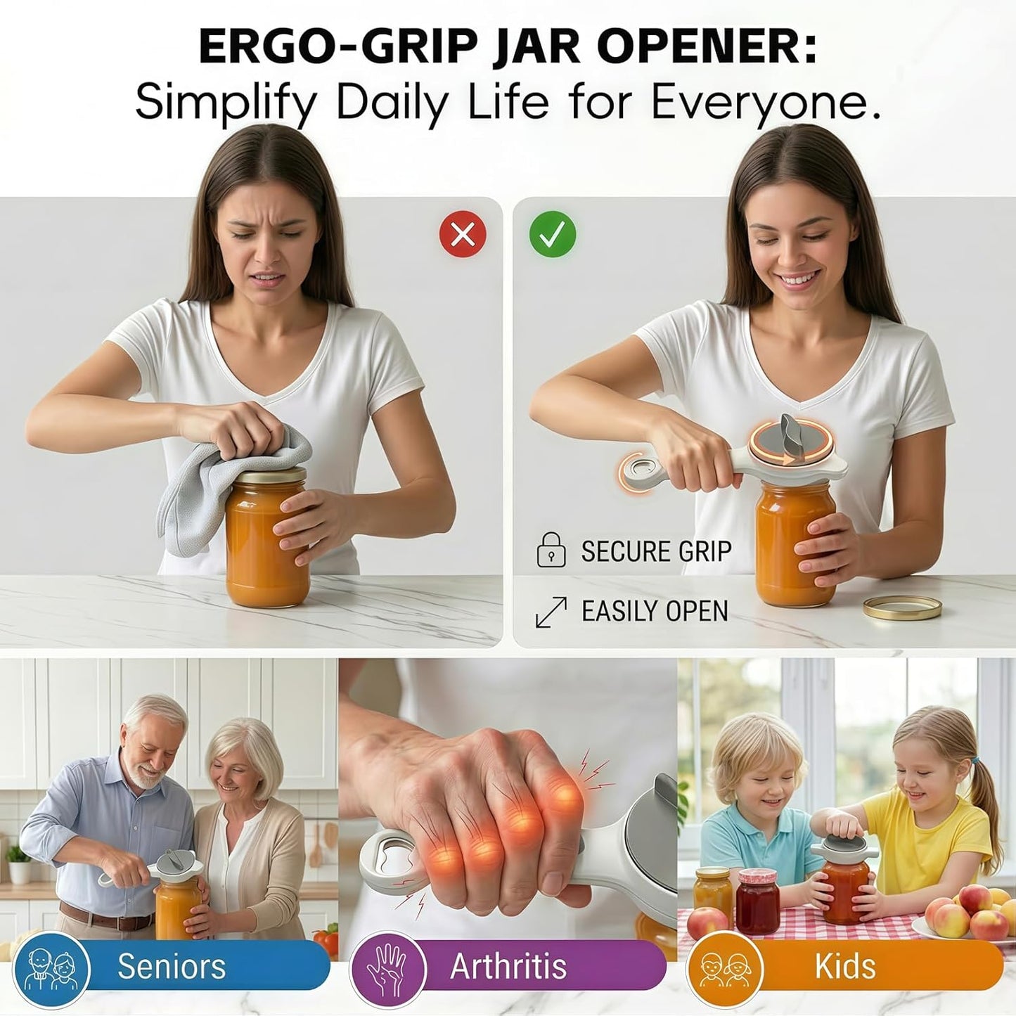Skiennix 4-in-1 Adjustable Jar Opener - Ergonomic Non-Slip Handle for Weak Hands & Seniors | Multi-Size Lid Remover (Grey)